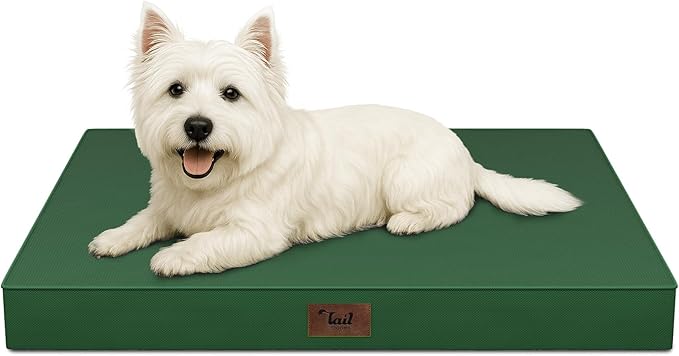 Tail Stories Outdoor Dog Bed for Small Dogs & Cats, Waterproof Dog Crate Mat Orthopedic Egg Crate Foam with Washable Removable Oxford Cover, Dark Green