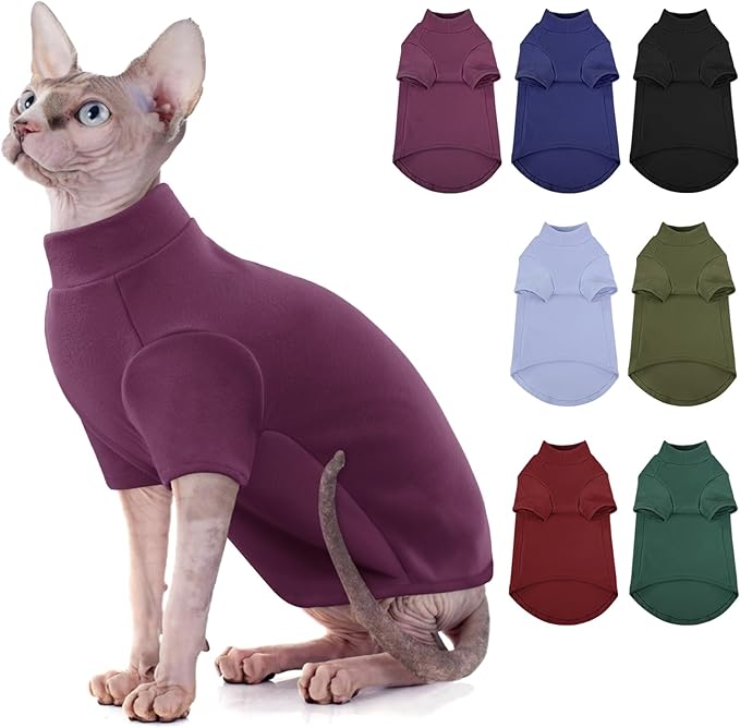 SUNFURA Turtleneck Sweater for Cat, Sphynx Cats Shirt Hairless Cat Sweaters with Sleeves, Warm and Soft Kitten Pullover Fleece Winter Pajamas Jumpsuit for Puppy Cats, Purple L
