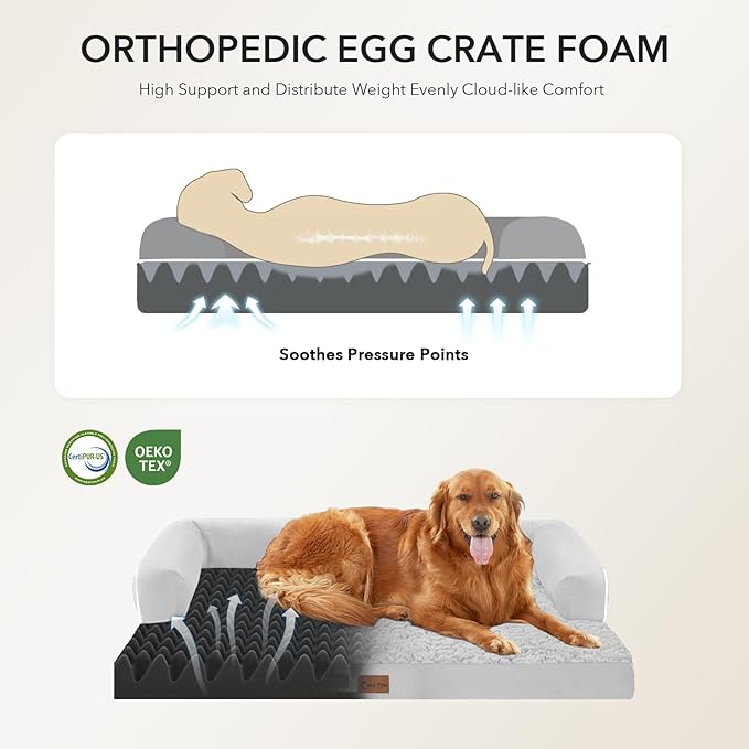 Casa Paw Orthopedic Dog Beds for Extra Large Dogs, Waterproof Egg Crate Foam XL Dog Bed with Sides 45x35Inch, Big Dogs Couch Beds with Removable Washable Cover and Nonskid Bottom, Grey White
