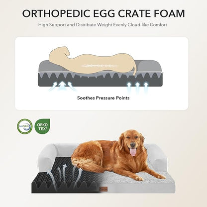 Casa Paw Orthopedic Dog Beds for Extra Large Dogs, Waterproof Egg Crate Foam XL Dog Bed with Sides 45x35Inch, Big Dogs Couch Beds with Removable Washable Cover and Nonskid Bottom, Grey White