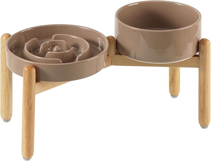 Ceramic 1.2 Cup Raised Slow Feeder Dog Bowl Set, Elevated 6.1inch Bowl and 7.3inch Puzzle Slow Food Dish with Wooden Stand for Medium and Small Dog, Anti-Gulping (2 x Brown Coffee+ Stand)