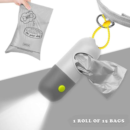Dog Poop Bag Dispenser with Flashlight|Dog Poop Bag Holder with Leash Clip|Hands-Free Leash Holder with Straps and 1 Roll Waste Bags (Light Grey)