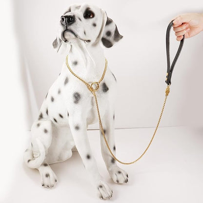 CaptainSteeL Stainless Steel Dog Leash and Collar, 3ft/4ft, 5mm 1m/1.2m Metal, Leather Handle