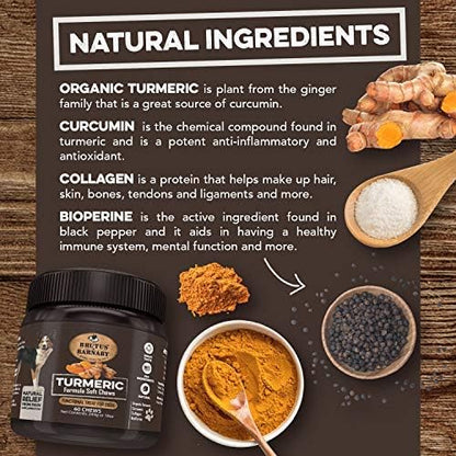 BRUTUS & BARNABY Turmeric for Dogs Anti Inflammatory Pain Relief - Curcumin for Dogs Chews with Collagen & Bioprene - Turmeric Supplement for Dogs Hips, Joint & Mobility Support (60 Count)