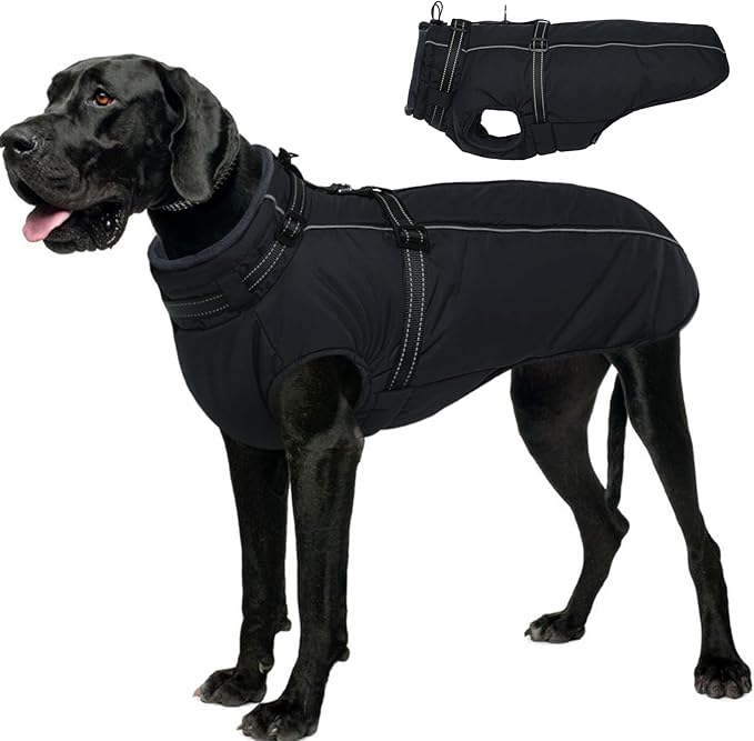 Lelepet Dog Coat for Large Dogs Waterproof Dog Jacket with Harness Built in Reflective Fleece Jacket with Zip Cold Weather Coats for Dogs Outdoor, Cozy Thermal Pet Snowsuit, Weimaraner, Black, XXL