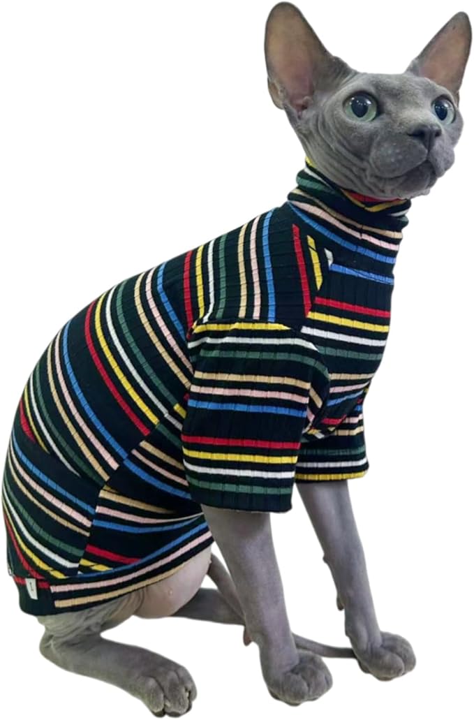 Turtle Neck Vintage Stripes Sphynx Hairless Cat Cotton T-Shirts Pet Clothes Vest Kitten Shirts Sleeveless, Cats & Small Dogs Apparel (Dark Rainbow, L (7-8.8 lbs))
