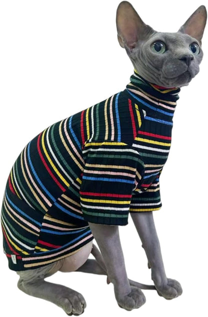 Turtle Neck Vintage Stripes Sphynx Hairless Cat Cotton T-Shirts Pet Clothes Vest Kitten Shirts Sleeveless, Cats & Small Dogs Apparel (Dark Rainbow, S (3.3-5 lbs))