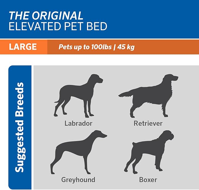 Coolaroo Original Elevated Dog Bed - Breathable Off-The-Ground Pet Bed with Cooling Fabric, Joint Relief & Moisture-Resistant Fabric, 100% Recyclable, Easy Clean, Aquatic Blue, Large