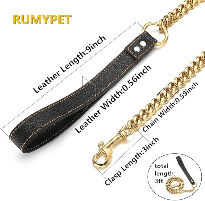 18K Gold Dog Chain Leash 15MM Solid Chew Proof 316L Stainless Steel Cuban Link Chain with Smooth Leather Handle Beautiful Leash for Walking Training 3FT/4FT/5FT(15mm,3ft)…