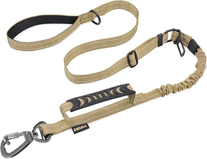 AUBELL Tactical Dog Leash Heavy Duty,4-6ft Reflective Strong No Pull Bungee Leash for Medium Large Dogs with Comfortable Padded Double Handle,Car Seat Belt,360 Degree Rotating Carabiner,Brown