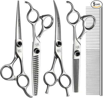 Fenice Totem Dog Grooming Scissors: 5 in 1 Pet Shears Kit Made Of Japanese 9CR Advanced Stainless Steel Professional Grooming Scissors for Dogs Cats and Other Pets