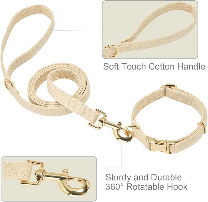Ewinoom Soft Hemp Dog Collar and Leash Set Adjustable Woven Tweed Dog Collars with Metal Buckle and Lead for Small Medium Large Dogs,Beige