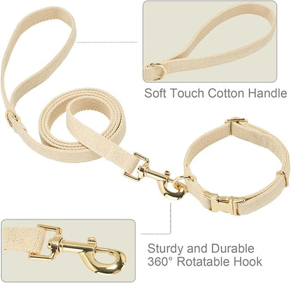 Ewinoom Soft Hemp Dog Collar and Leash Set Adjustable Woven Tweed Dog Collars with Metal Buckle and Lead for Small Medium Large Dogs,Beige