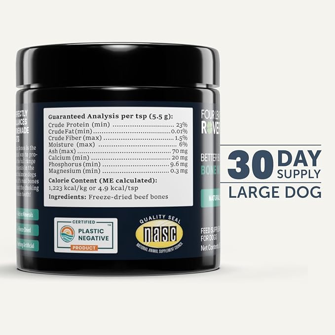 Four Leaf Rover Better Bones Bone Meal for Dogs - Dog Calcium Supplement for Healthy Joints, Teeth, & Bones - from 100% Grass-Fed New Zealand Beef Bone