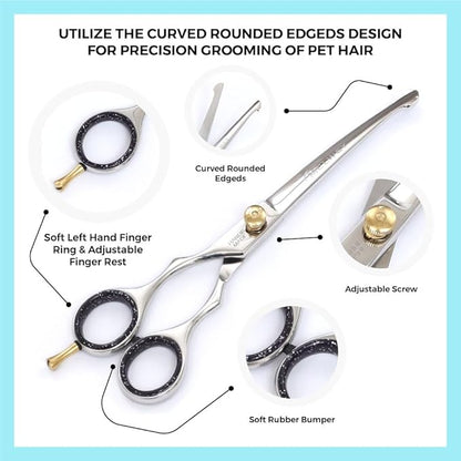 Left-Handed Pet dog Grooming Scissors Set Pro-Grade Curved Shears for Dogs Cats - Precision Crafted Sharp Blades Comfort Grip - Ideal for Cutting Curving Thinning (LH Round Tip Kit)