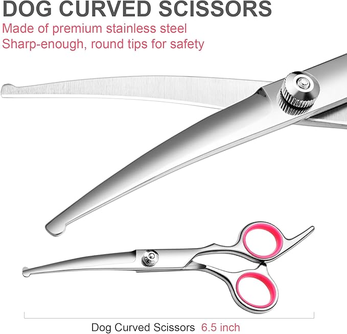 FAIGEO Dog Grooming Scissors with Safety Round Tips Stainless Steel Professional Dog Grooming Kit - Thinning, Curved Scissors and Comb for Cat Pet (Pink 4 in 1)