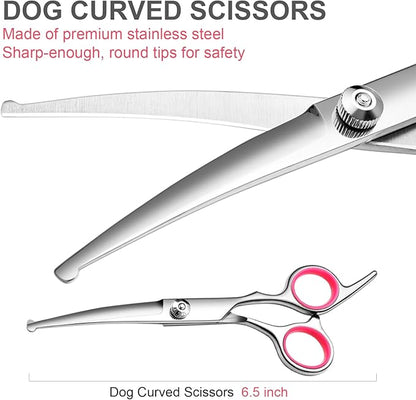 FAIGEO Dog Grooming Scissors with Safety Round Tips Stainless Steel Professional Dog Grooming Kit - Thinning, Curved Scissors and Comb for Cat Pet (Pink 4 in 1)