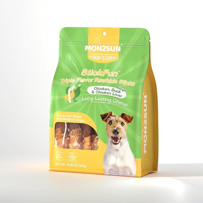 MON2SUN Dog Treats, Triple Flavor 5 Inch Chicken Liver Duck and Chicken Wrapped Rawhide Snacks for Small and Medium Dogs, 10.58 Oz (15 Count-Pack of 1)