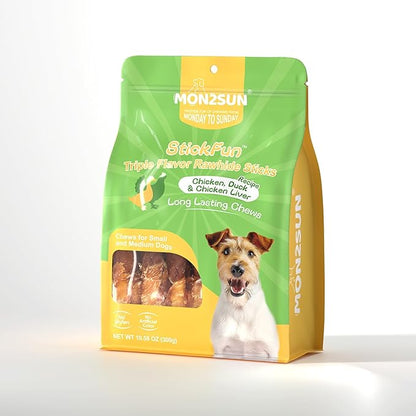 MON2SUN Dog Treats, Triple Flavor 5 Inch Chicken Liver Duck and Chicken Wrapped Rawhide Snacks for Small and Medium Dogs, 10.58 Oz (15 Count-Pack of 1)