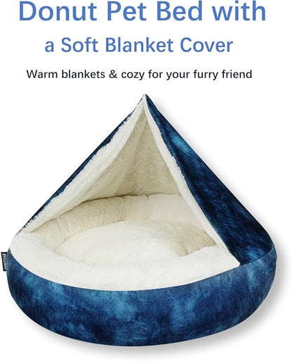 Cozy Soft Dog Bed with Hooded Blanket Warm Calming Cat Cave for Small Medium Dogs and Cats, Non-Slip Bottom & Machine Washable Pet Beds, Navy Blue 26x26x7″