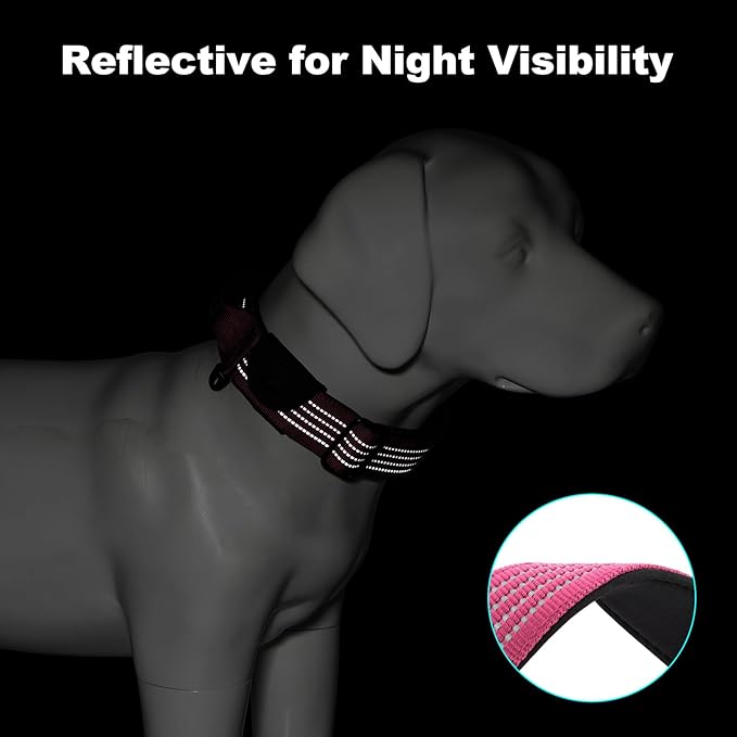 Plutus Pet Tactical Dog Collar with Tracker Pocket for AirTag, Adjustable Reflective Nylon Collar, Metal Buckle, Leather-Wrapped Handle, Soft Padded for Medium Large Dogs (Pink, M)