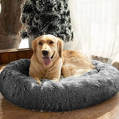 MFOX Calming Dog Bed for Medium and Large Dogs Comfortable Pet Bed Faux Fur Donut Cuddler, Grey, 27.0" L x 27.0" W x 8.0" Th