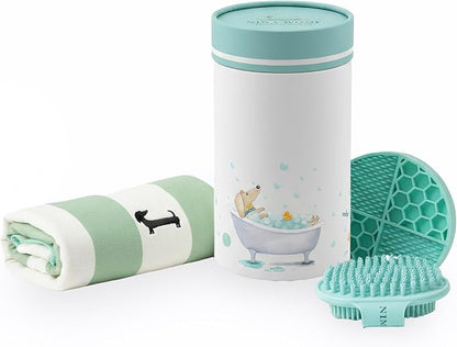 Nina Woof Bath Kit for Dogs & Puppies – Grooming Set with Recycled Polyester Towel, Silicone Brush & Lick Mat – Stylish at-Home Dog Bath Kit, Perfect Dog Gift