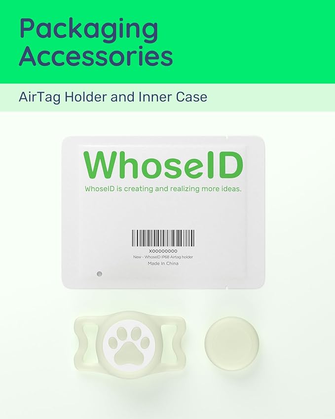 WhoseID IP68 Waterpoof Dog Airtag Holder, Stretchy Silicone Full Body Covered Apple Air Tag Holder for Dog Cat Collar Fit All Width Collar (Luminous, 1 Pack)