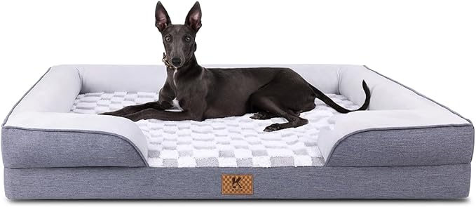 KSIIA Waterproof Dog Bed Orthopedic for Large Senior Dog Couch with Sides, Extra Thick Supportive Pet Bed Sofa with Soft Plush Cover and Non-Slip Bottom, 44 x 32 Inch, Grey