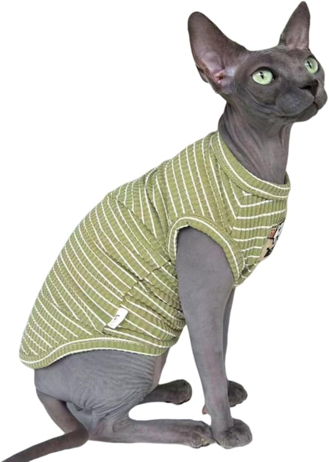 Sphynx Cat Clothes Vest for Hairless Cat, Rib Knit Stripe Cats T-Shirt Apparel, Kitten Summer Cotton Shirts Sleeveless for Cornish Rex, Devon Rex, Peterbald (Green, M (5.5-7.2 lbs))
