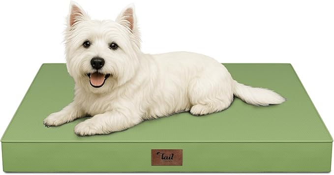 Tail Stories Outdoor Dog Bed for Small Dogs & Cats, Waterproof Dog Crate Mat Orthopedic Egg Crate Foam with Washable Removable Oxford Cover, Light Green