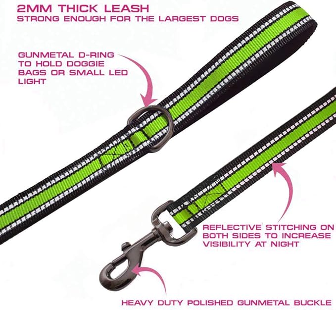 JSXD Heavy Duty Double Handle Dog Leash - 5 FT with Comfortable Padded and Reflective Rope, for Small to Large Dogs (Wide-Green)