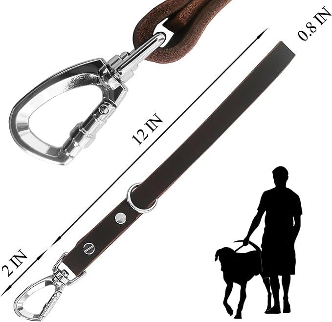 Short Leather Dog Leash 14 Inch Lead With 360 Heavy Duty Metal Clip - Soft, Strong, Light for Medium and Large Dogs - Pet Training Walking Rope