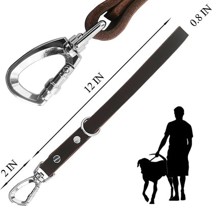 Short Leather Dog Leash 14 Inch Lead With 360 Heavy Duty Metal Clip - Soft, Strong, Light for Medium and Large Dogs - Pet Training Walking Rope