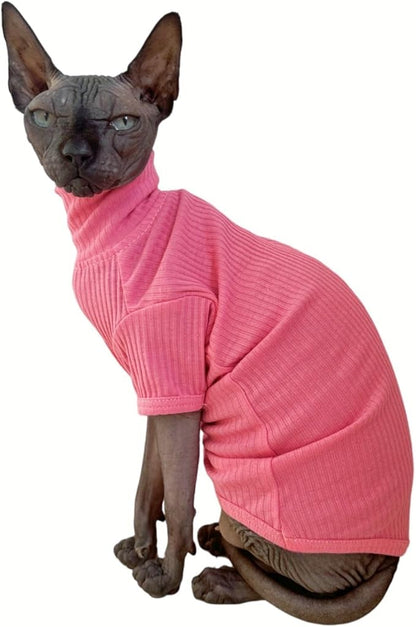 Sphynx Hairless Cats Shirt Cotton Cat Turtleneck Sweater Pullover Kitten T-Shirts with Sleeves Cat Pajamas Jumpsuit for Sphynx Cornish Rex, Devon Rex, Peterbald (X-Large (Pack of 1), Rosey Pink)