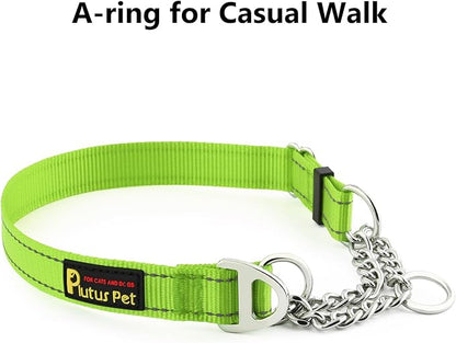 Plutus Pet Martingale Dog Collar with Stainless Steel Chain and Reflective Nylon, Adjustable No Pull Training Collar, for Small Medium, and Large Dogs, Lime Green, S