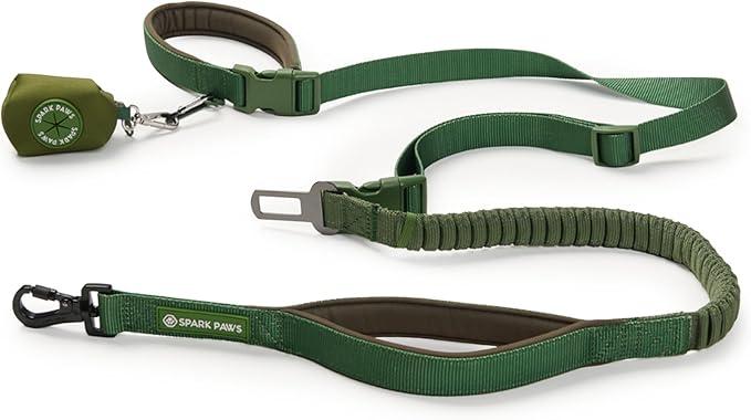 Spark Paws Handsfree Dog Leash – Shock Absorbing Waist Bungee Lead for Running, Car Seatbelt Clip & Poop Bag Set, Heavy Duty Tactical Lead for Medium, Large & X-Large Breeds - Army Green
