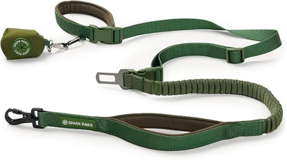 Spark Paws Handsfree Dog Leash – Shock Absorbing Waist Bungee Lead for Running, Car Seatbelt Clip & Poop Bag Set, Heavy Duty Tactical Lead for Medium, Large & X-Large Breeds - Army Green