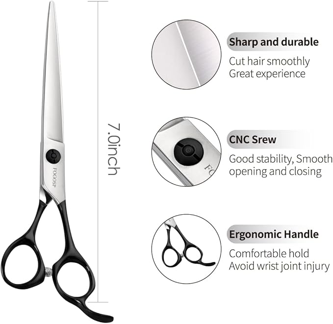 FOGOSP Professional Dog Grooming Scissors Straight 7" Grooming Shears for Cutting Small Pet Cat Thick Hair Japan 440C Stainless Steel Super Sharp Right Handed(7 in Straight, Black)