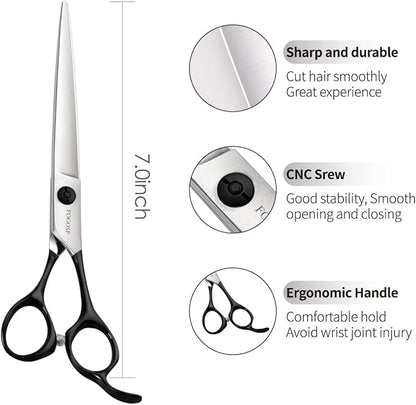 FOGOSP Professional Dog Grooming Scissors Straight 7" Grooming Shears for Cutting Small Pet Cat Thick Hair Japan 440C Stainless Steel Super Sharp Right Handed(7 in Straight, Black)