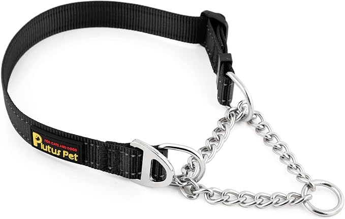 Plutus Pet Martingale Dog Collar with Stainless Steel Chain and Reflective Nylon, Adjustable No Pull Training Collar, for Small Medium, and Large Dogs, Black, M