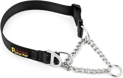 Plutus Pet Martingale Dog Collar with Stainless Steel Chain and Reflective Nylon, Adjustable No Pull Training Collar, for Small Medium, and Large Dogs, Black, S
