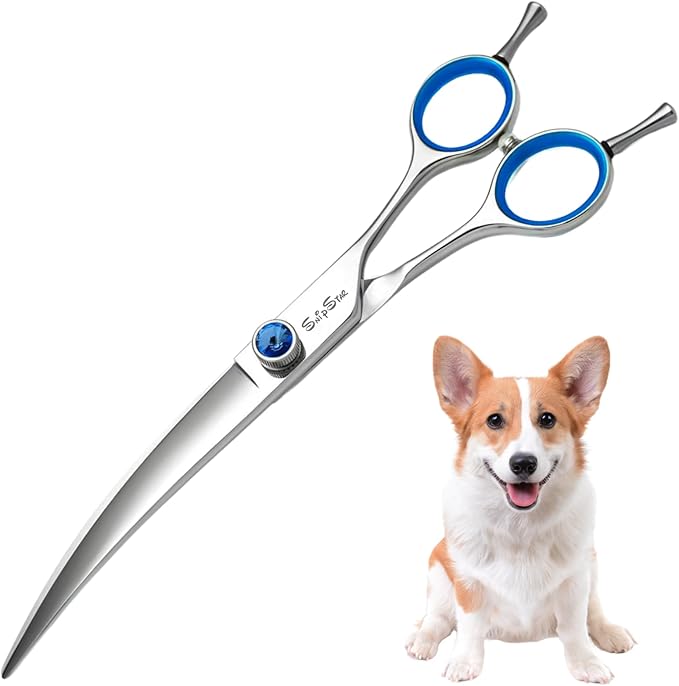 8inch Curved Dog Grooming Scissors Professional, Japanese VG10 Steel Sharp Pet Trimming Shears, 30 Degree Bend Cat Dog Scissors for Grooming Face and Paws Groomers, with CNC Screw & Ergonomic Handle
