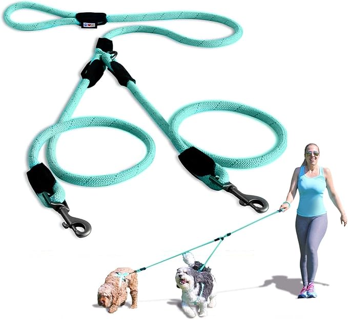 Pawtitas Double Leash for Two Dogs Great for Walking & Training Comfortable Shock Absorbing Reflective Pet Rope Leash for 2 Dogs 6ft - Medium/Large - Teal