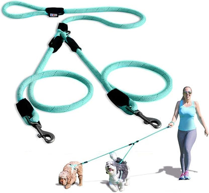 Pawtitas Double Leash for Two Dogs Great for Walking & Training Comfortable Shock Absorbing Reflective Pet Rope Leash for 2 Dogs 6ft - Medium/Large - Teal