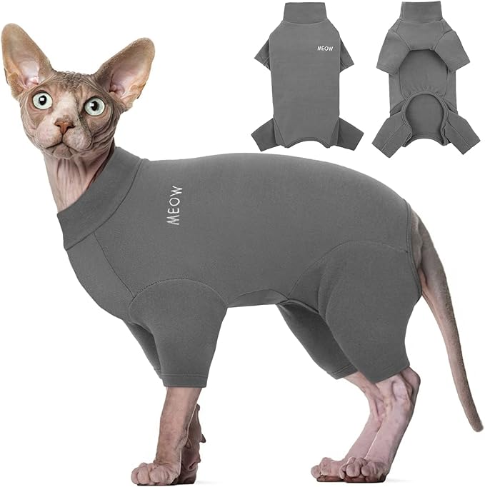 ROZKITCH Cat Pajamas for Cats Only, Breathable Soft Jumpers for Sphynx Only, Coat with Four Legs, Warm Sweater T-Shirt Pajamas Jumpsuit Vest Cornish Rex, Devon Rex, Peterbald Grey M