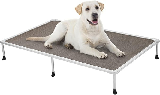 Veehoo Chewproof Elevated Dog Bed - Cooling Raised Pet Cot, Breathable Mesh, Washable & Non-Slip for Large Dogs, Indoor/Outdoor, Brown Mat and Silver Metal Frame, 59x37inches (Model CWC2203B03)