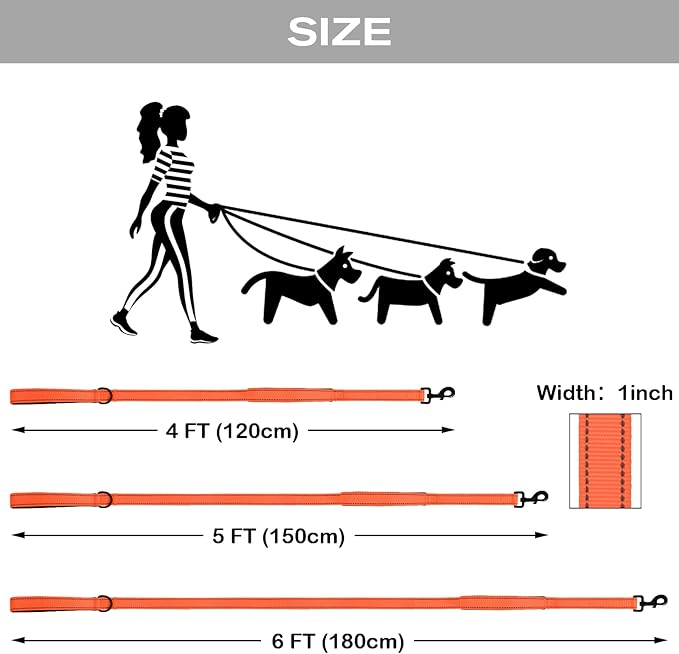Joytale Dog Leash Heavy Duty for Large Dogs That Pull, Double Handle for Traffic Control, Double-Sided Reflective Leashes for Large Medium Dogs Night Safety, 4FT, Orange