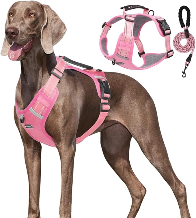Dog Harness No Pull Adjustable Reflective,for Medium and Large Small Dog with Leash 59.06in (Pink, M)