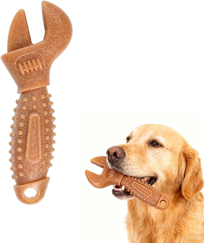 Dog Chew Toys, Aggressive chewer toy for Medium& Large dogs, Made of real pine wood and durable Food-Grade nylon, with Tool Shape Design for Dental Cleaning and Long-Lasting Chewing Fun(brown-wrench)